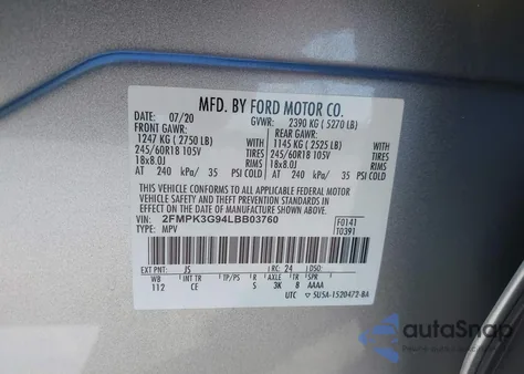 2020 Ford Edge Se из США, поврежденный, VIN 2FMPK3G94LBB03760